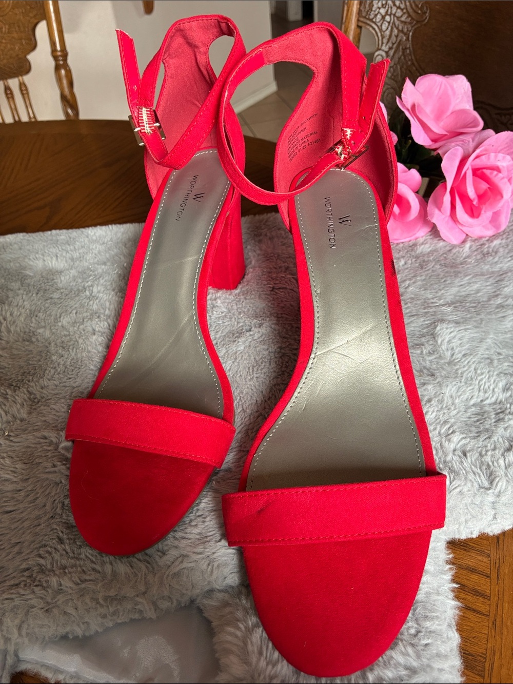 Worthington Bright Red Suede Ankle-Strap Block Heels